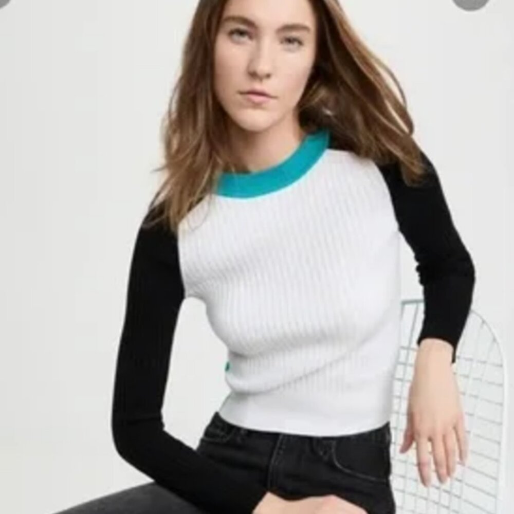 Rag & Bone - Ivory, Teal, & Black Colorblock "Navaya" Crewneck Sweater size xs